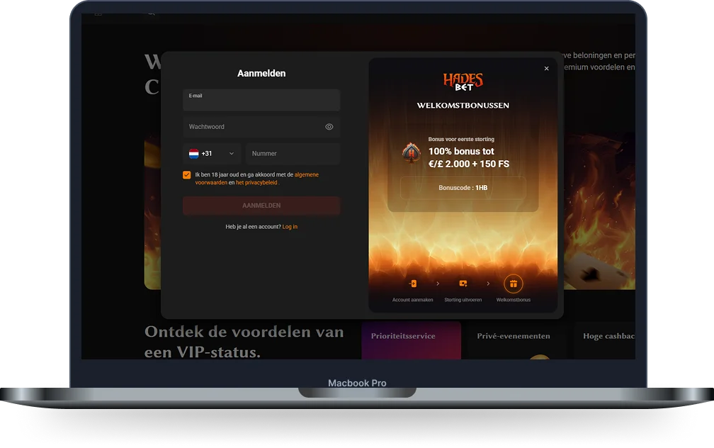 Hadesbet Casino aanmeldscherm op MacBook Pro met welkomstbonus van 100% tot € 2.000 + 150 gratis spins