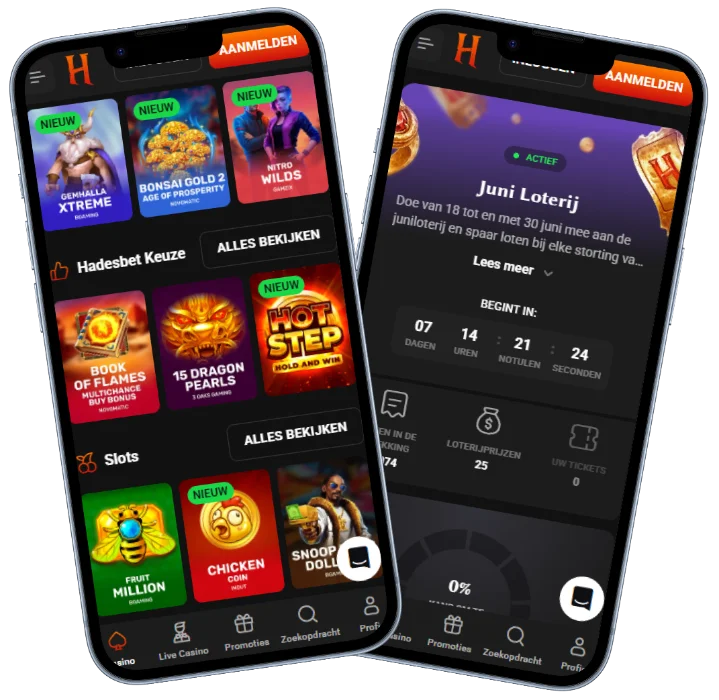 Hadesbet Casino mobiele app met spellen overzicht, promoties en Juni Loterij op verschillende schermen