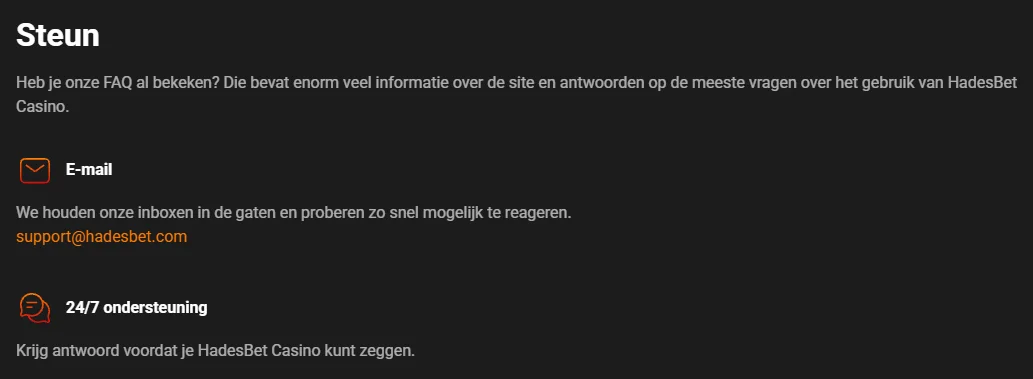 Hadesbet Casino ondersteuning met e-mail support en 24/7 klantenservice informatie