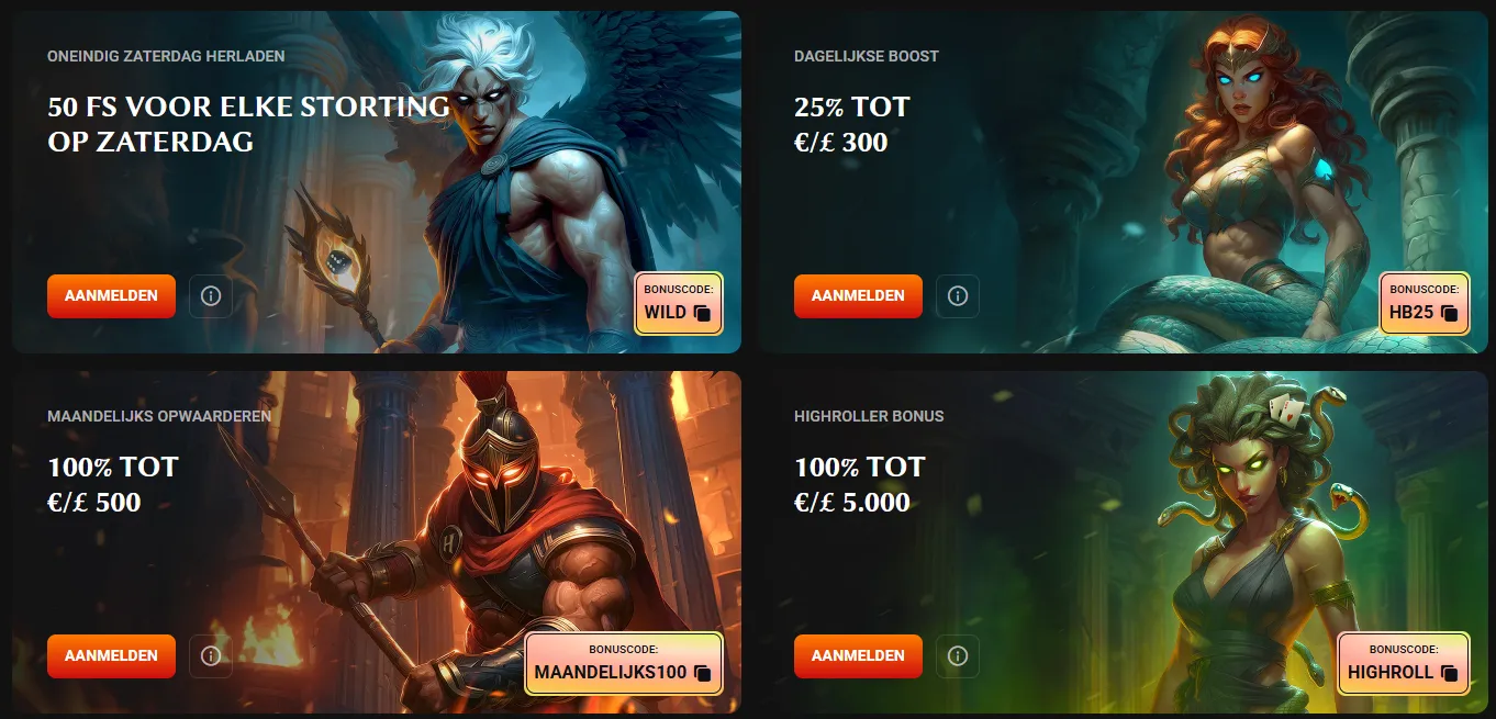 Hadesbet Casino wekelijkse bonussen met herlaadacties, 50 FS per storting, highroller bonus en maandelijkse boosts