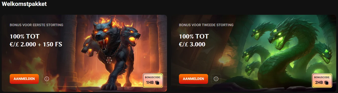 Hadesbet Casino welkomstpakket met 100% bonus tot € 2.000 + 150 gratis spins en tweede stortingsbonus